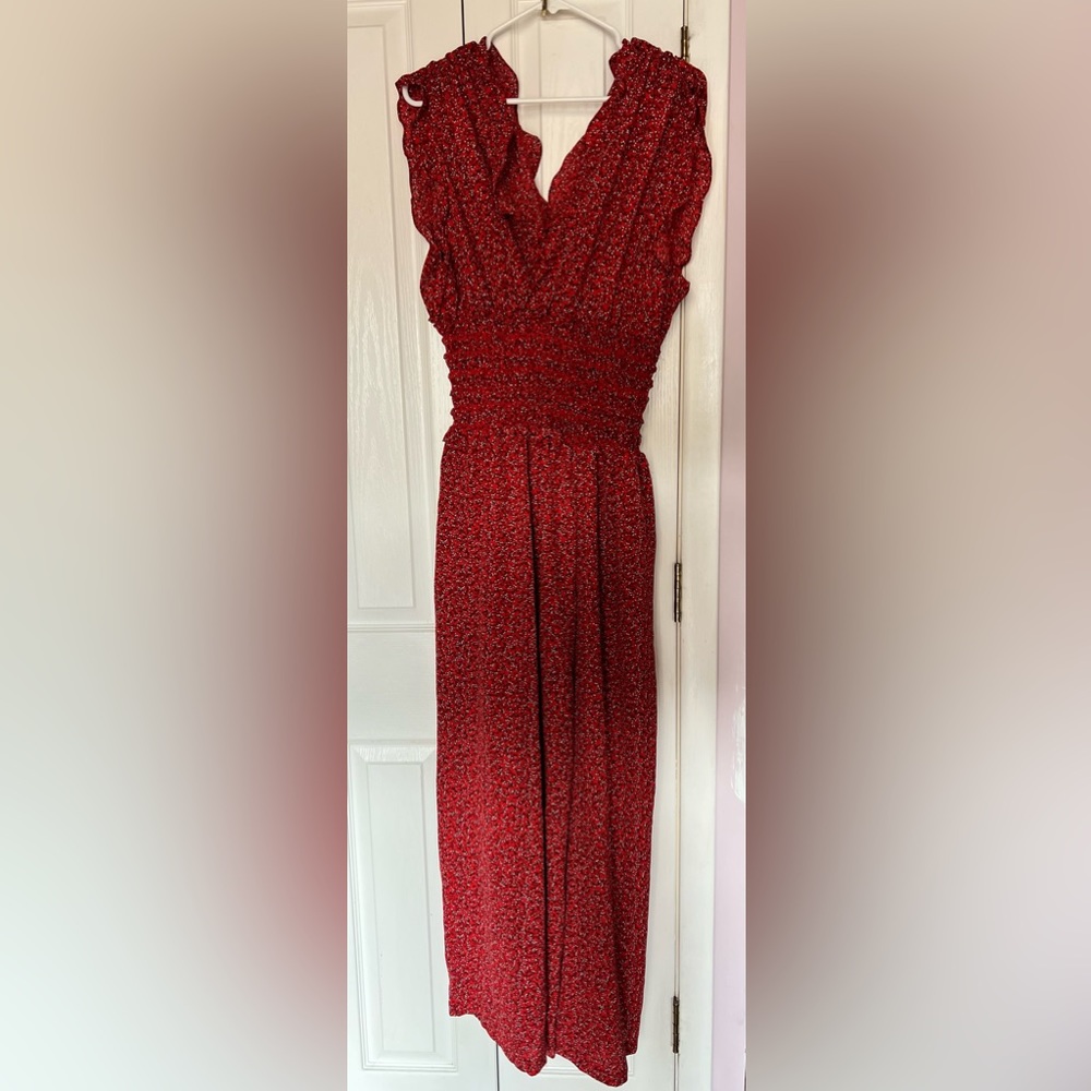 TJMaxx Max Studio Women’s V-Neck Red/Blue Smocked Waist Jumpsuit BRAND NEW